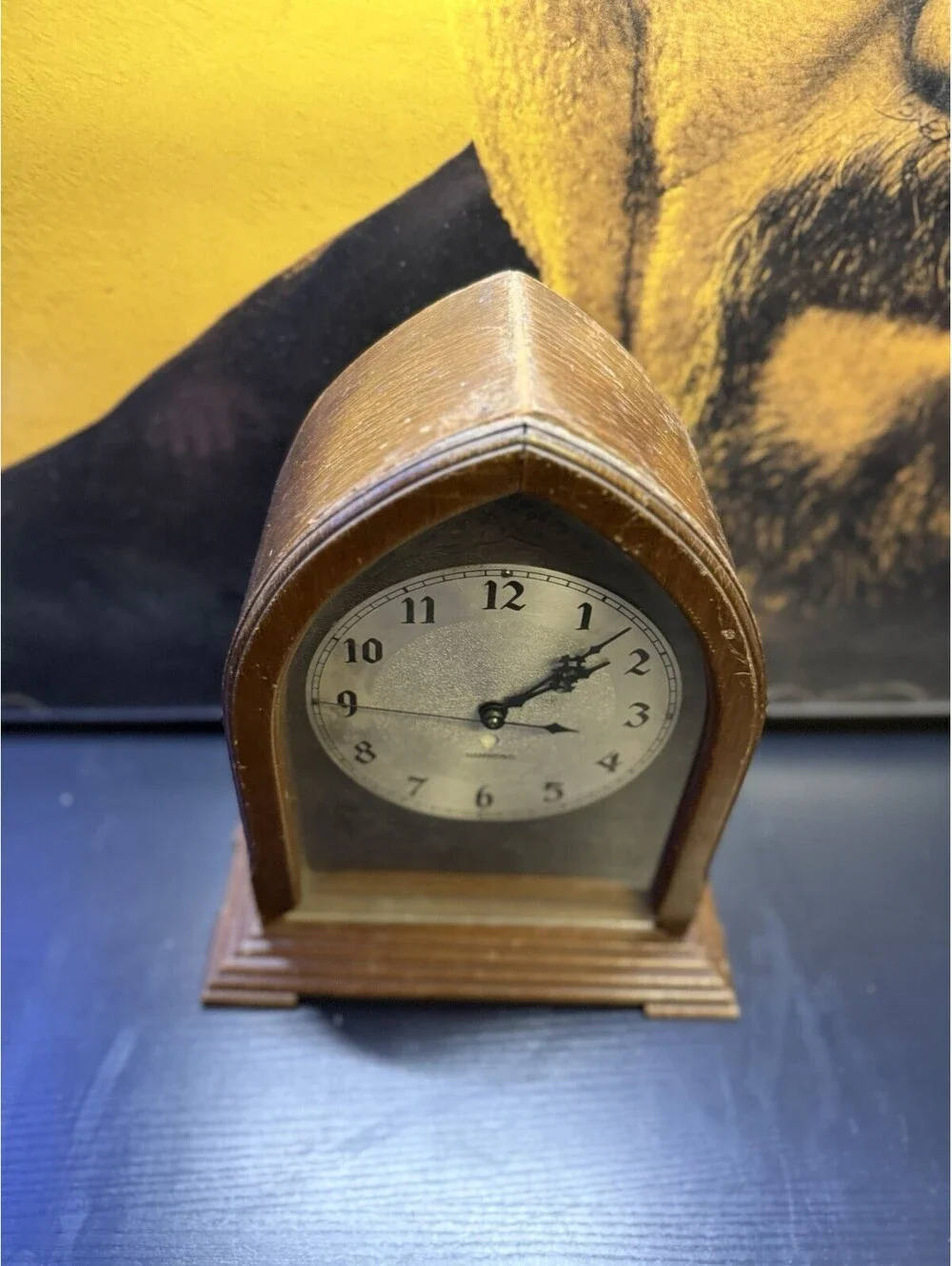 Vintage 1930s Hammond Electric Wood Desk Clock Gothic Arch Spin Start Art Deco
